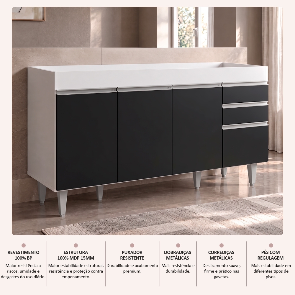 Balcão Gabinete para pia sem Tampo 150cm Marrocos Branco/Preto - Lumil