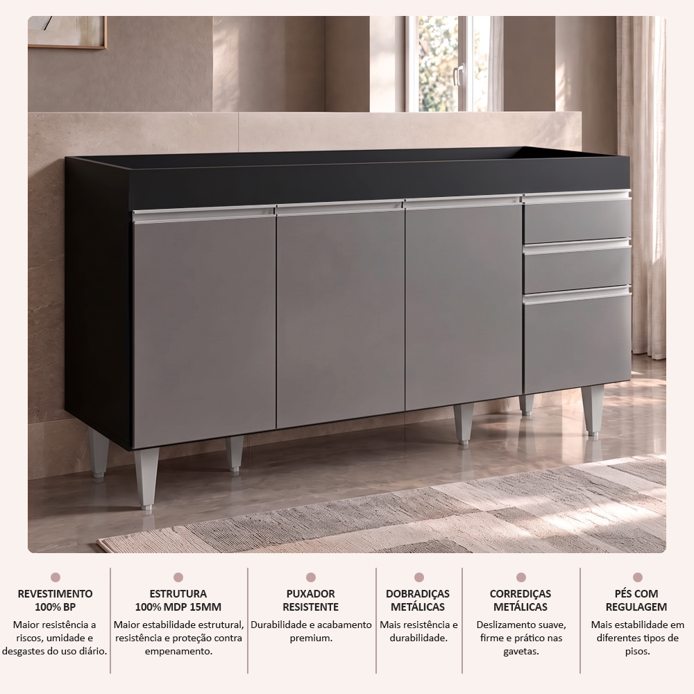 Balcão Gabinete para pia sem Tampo 150cm Marrocos Preto/Cinza - Lumil