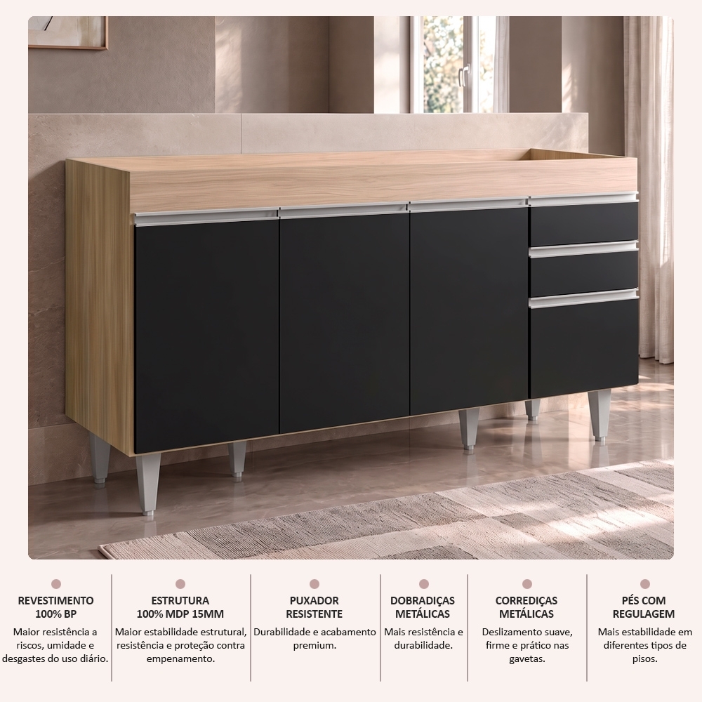 Balcão Gabinete para pia sem Tampo 150cm Marrocos Castanho/Preto - Lumil