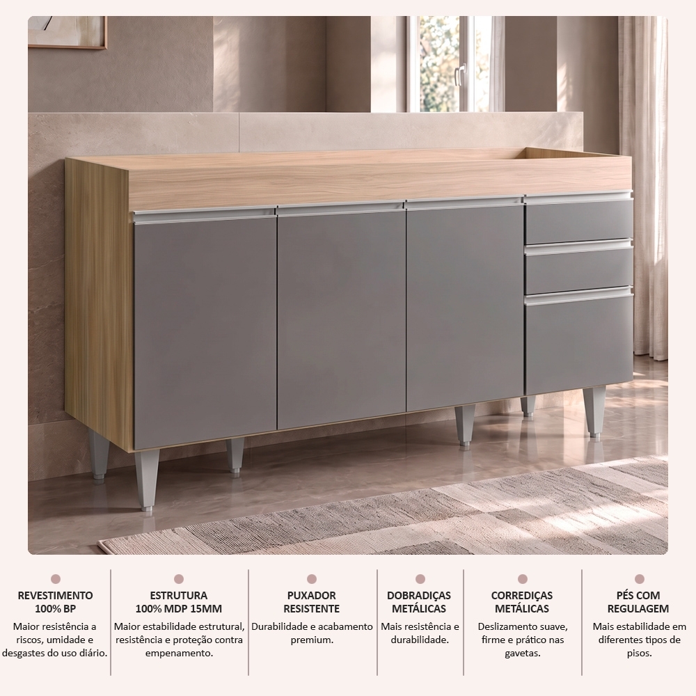 Balcão Gabinete para pia sem Tampo 150cm Marrocos Castanho/Cinza - Lumil
