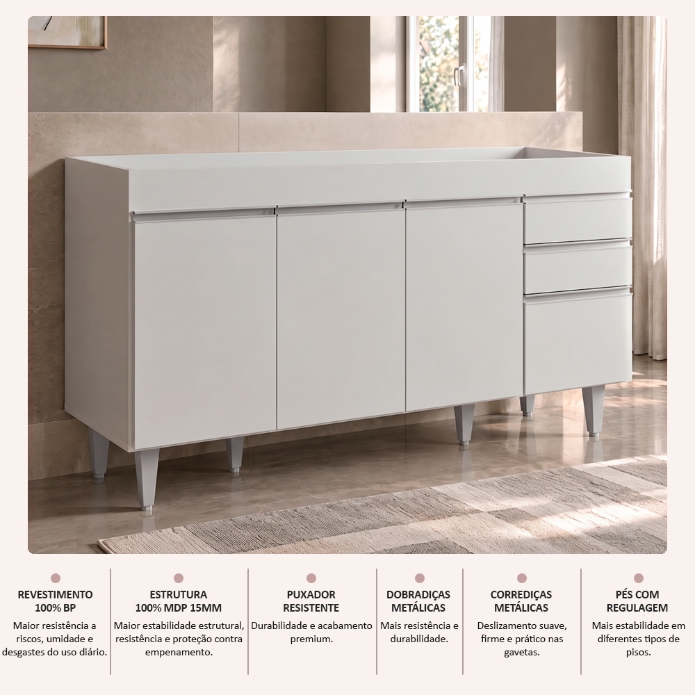Balcão de Cozinha Para Pia 150cm 4 Portas Sem Tampo Marrocos Cinza Claro - Lumil