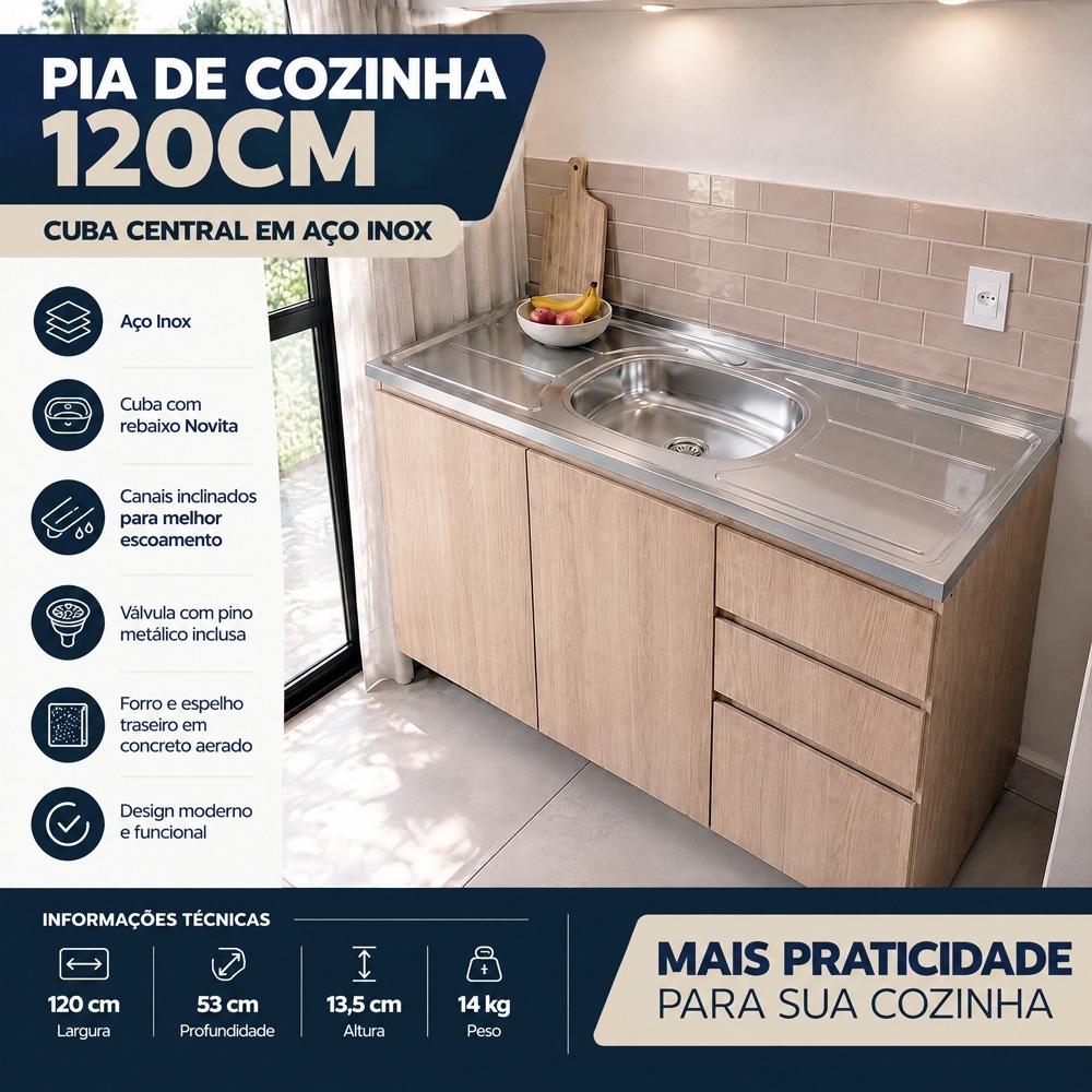 Pia de Cozinha com Cuba e Válvula Bali 120cm Aço Inox - Ghel Plus