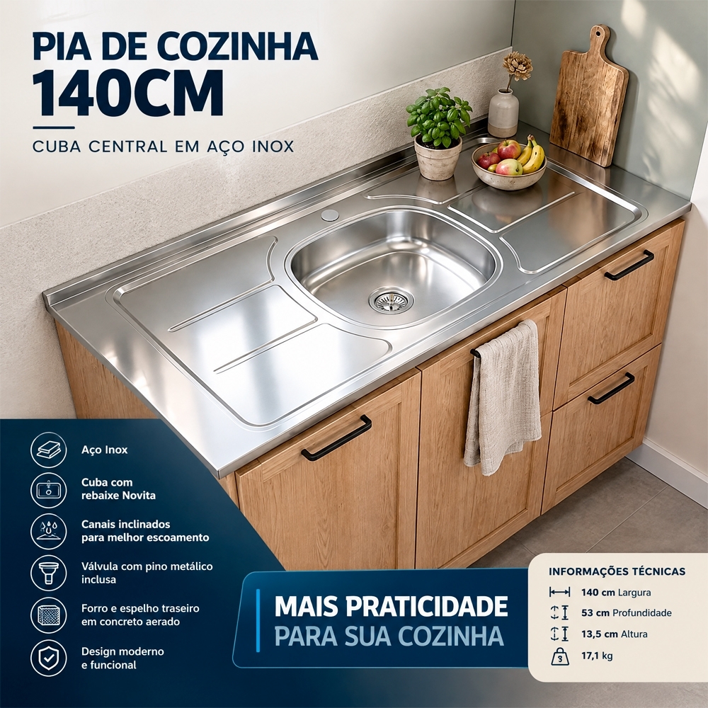 Pia de Cozinha com Cuba e Válvula Bali 140cm Aço Inox - Ghel Plus