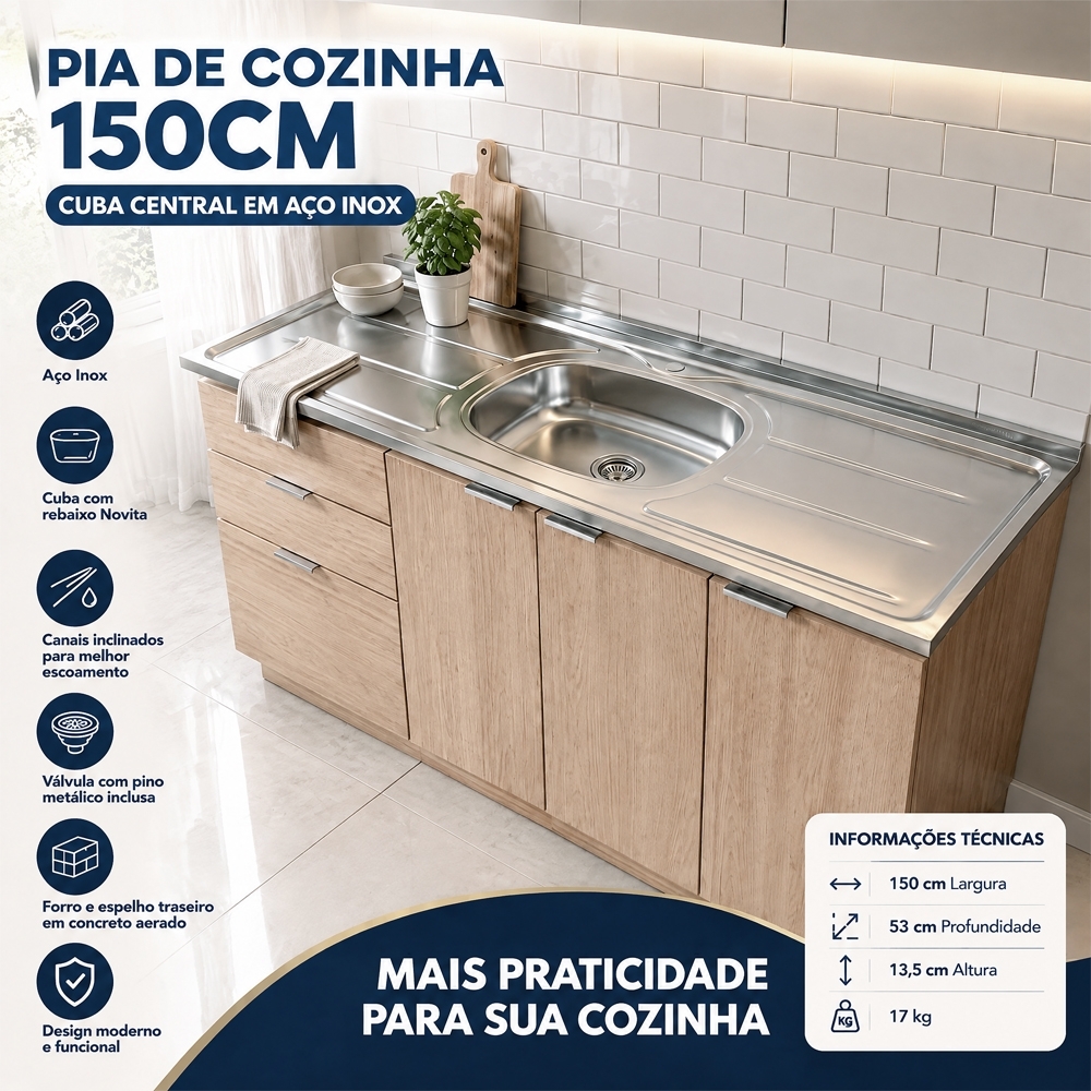 Pia de Cozinha com Cuba e Válvula Bali 150cm Aço Inox - Ghel Plus