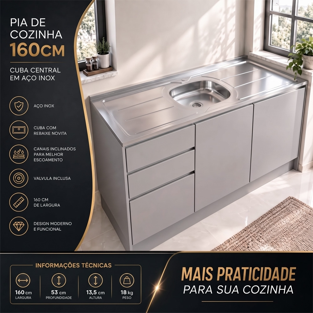 Pia de Cozinha com Cuba e Válvula Bali 160cm Aço Inox - Ghel Plus