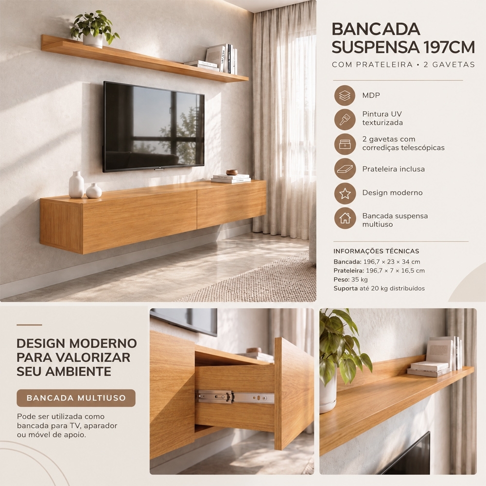 Bancada Suspensa e Prateleira 197cm Slat Z49 Cinamomo - Mpozenato