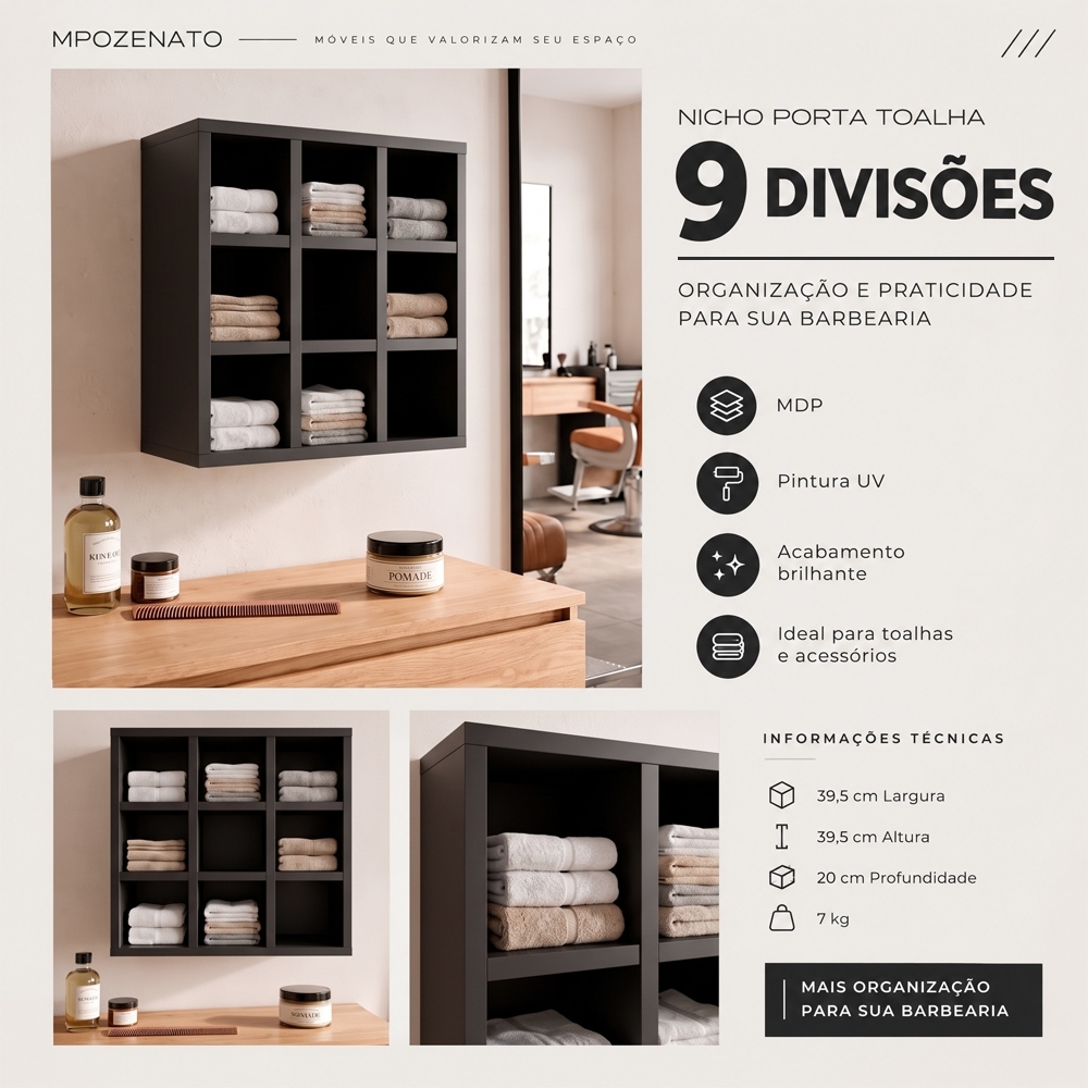Nicho Decorativo Porta Toalha Barbearia Preto   - AJL Móveis