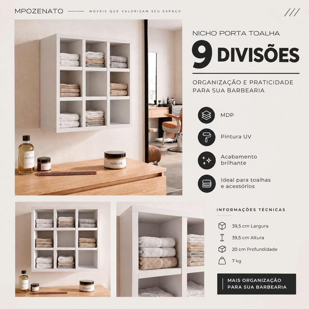 Nicho Decorativo Porta Toalha Barbearia Branco  - AJL Móveis