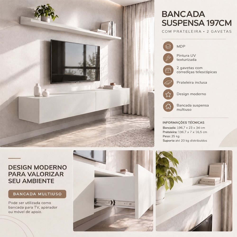 Bancada Suspensa e Prateleira 197cm Slat Z49 Off White - Mpozenato