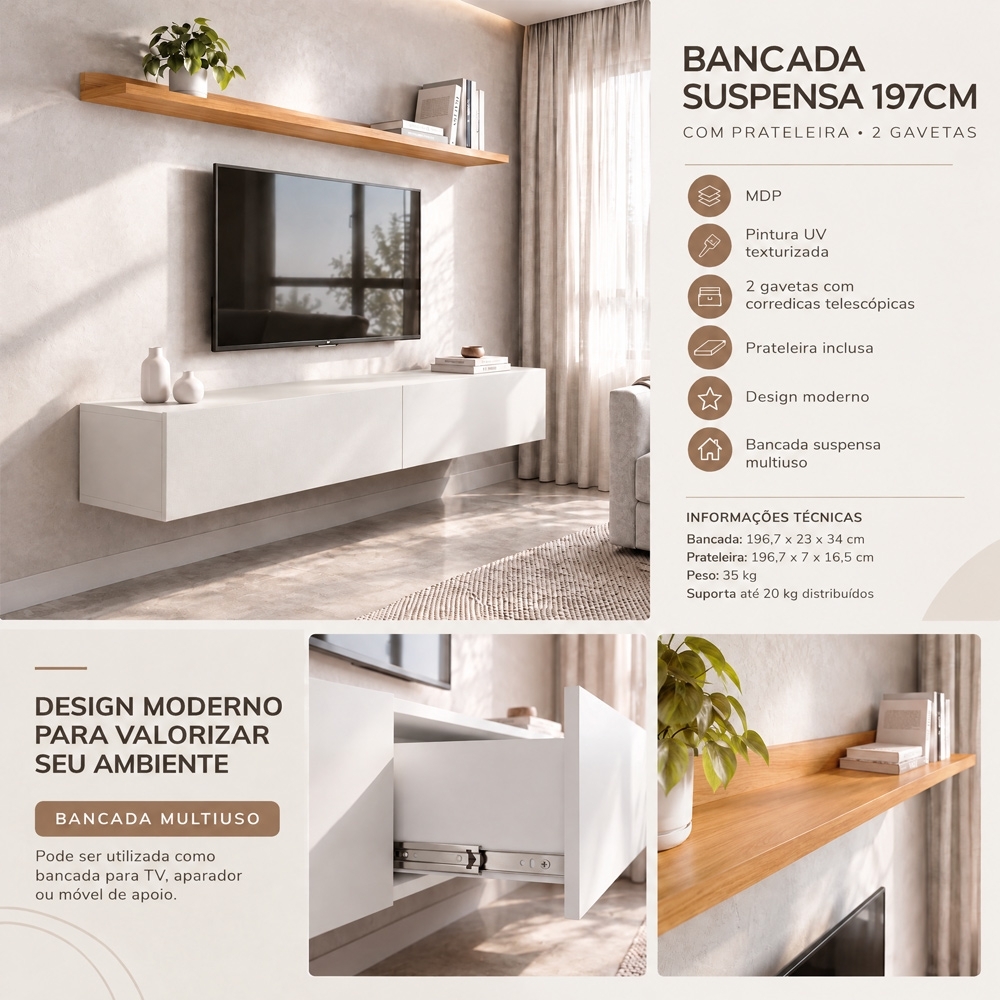 Bancada Suspensa e Prateleira 197cm Slat Z49 Cinamomo/Off - Mpozenato