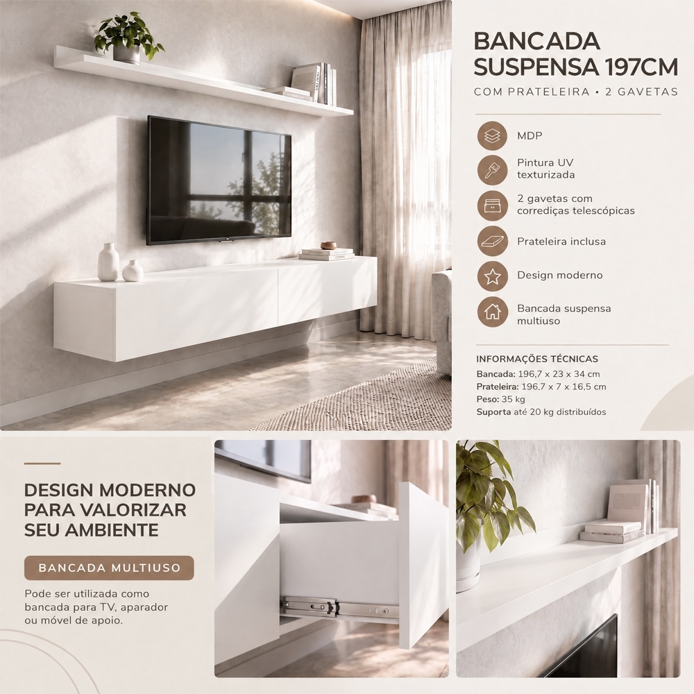 Bancada Suspensa e Prateleira 197cm Slat Z49 Branco - Mpozenato