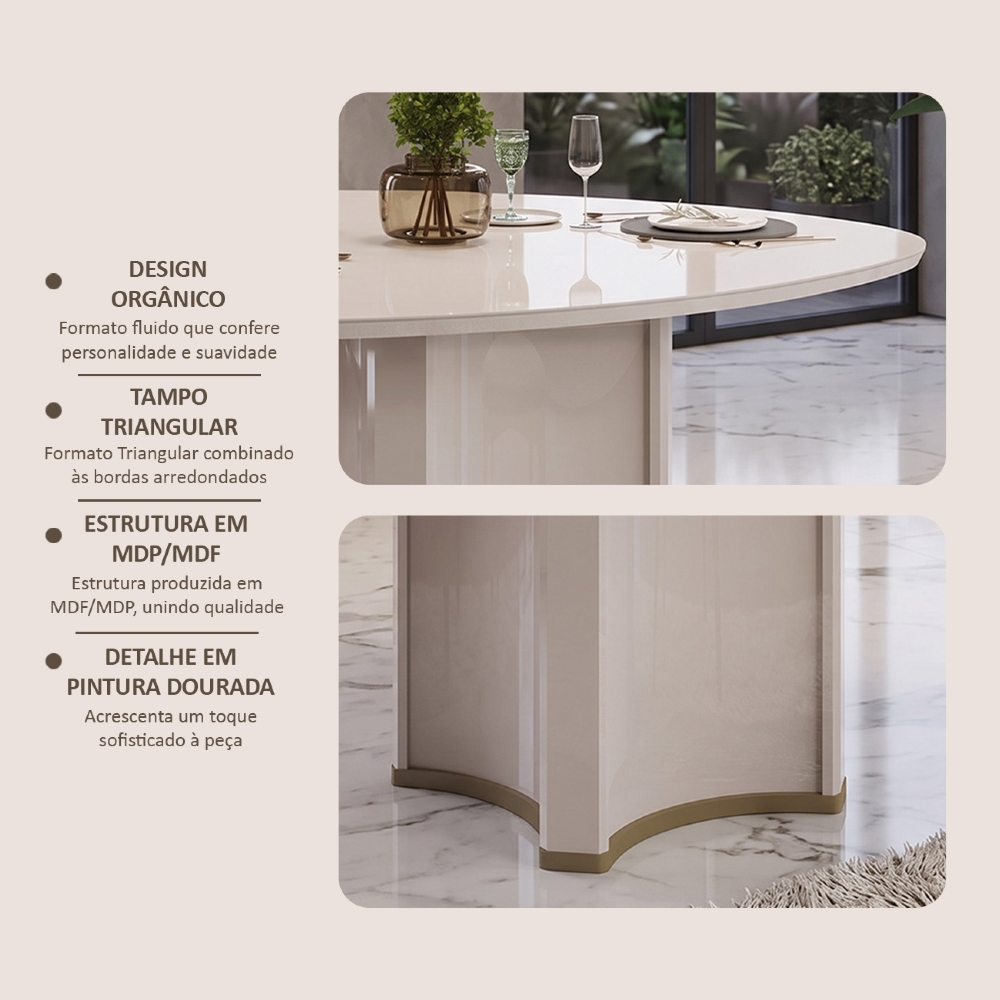 Mesa de Jantar 6 Lugares 136cm Orgânica Com Vidro Lumy Off White D04 - Mpozenato