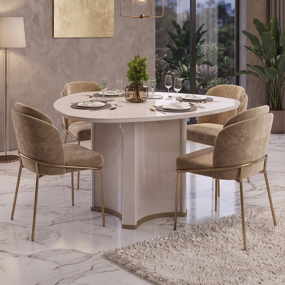 Mesa de Jantar 6 Lugares 136cm Orgânica Com Vidro Lumy Off White D04 - Mpozenato