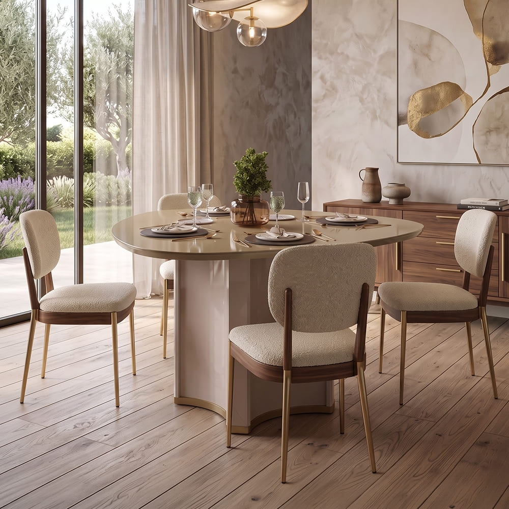 Mesa de Jantar 6 Lugares 136cm Orgânica Com Vidro Lumy Off White/Dourado D04 - Mpozenato