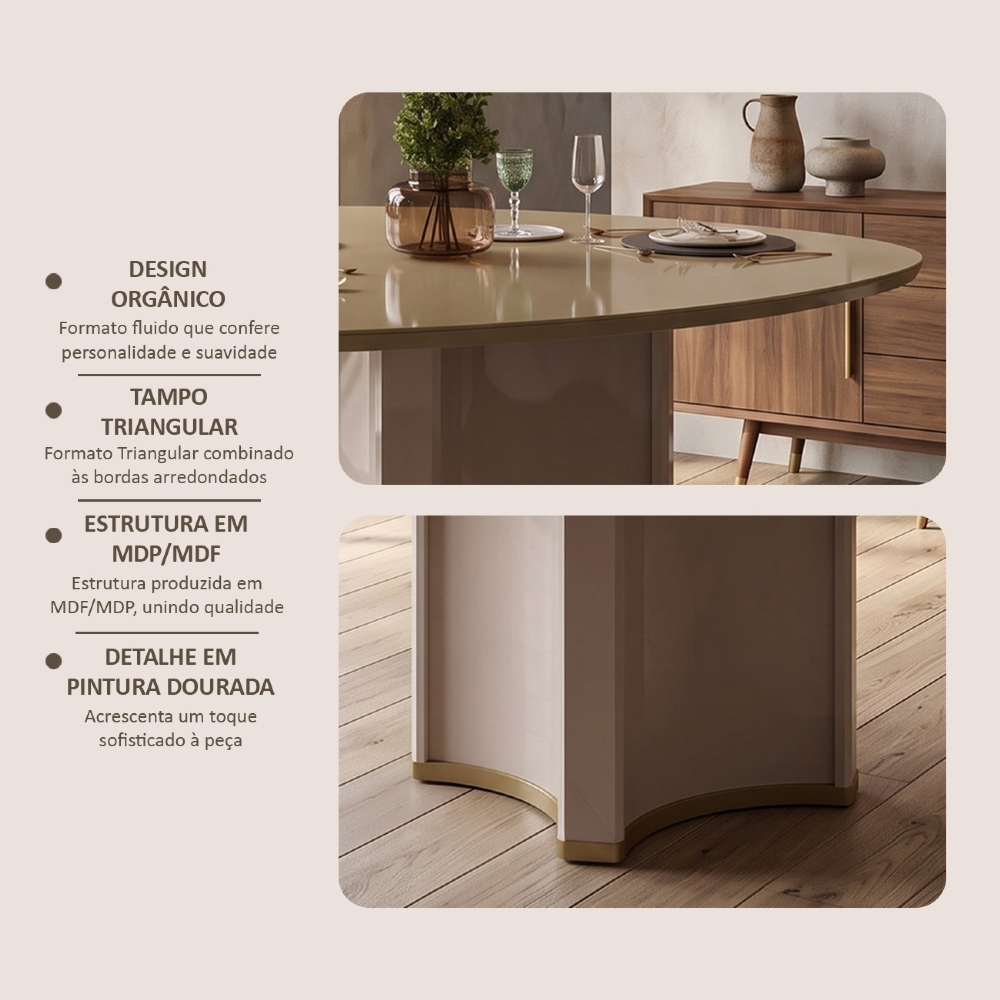 Mesa de Jantar 6 Lugares 136cm Orgânica Com Vidro Lumy Off White/Dourado D04 - Mpozenato