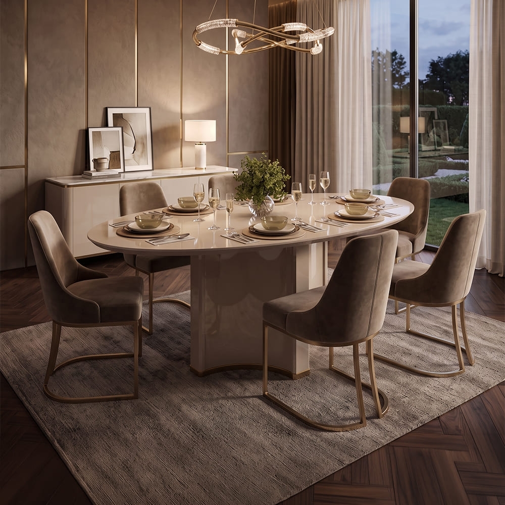 Mesa de Jantar 6 Lugares 183cm Orgânica Com Vidro Oval Lumy Off White D04 - Mpozenato