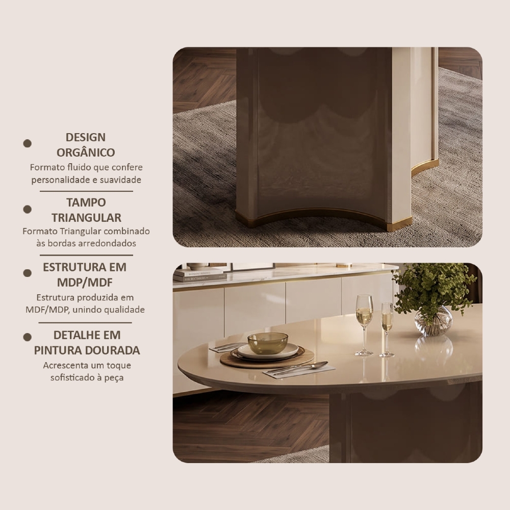 Mesa de Jantar 6 Lugares 183cm Orgânica Com Vidro Oval Lumy Off White D04 - Mpozenato