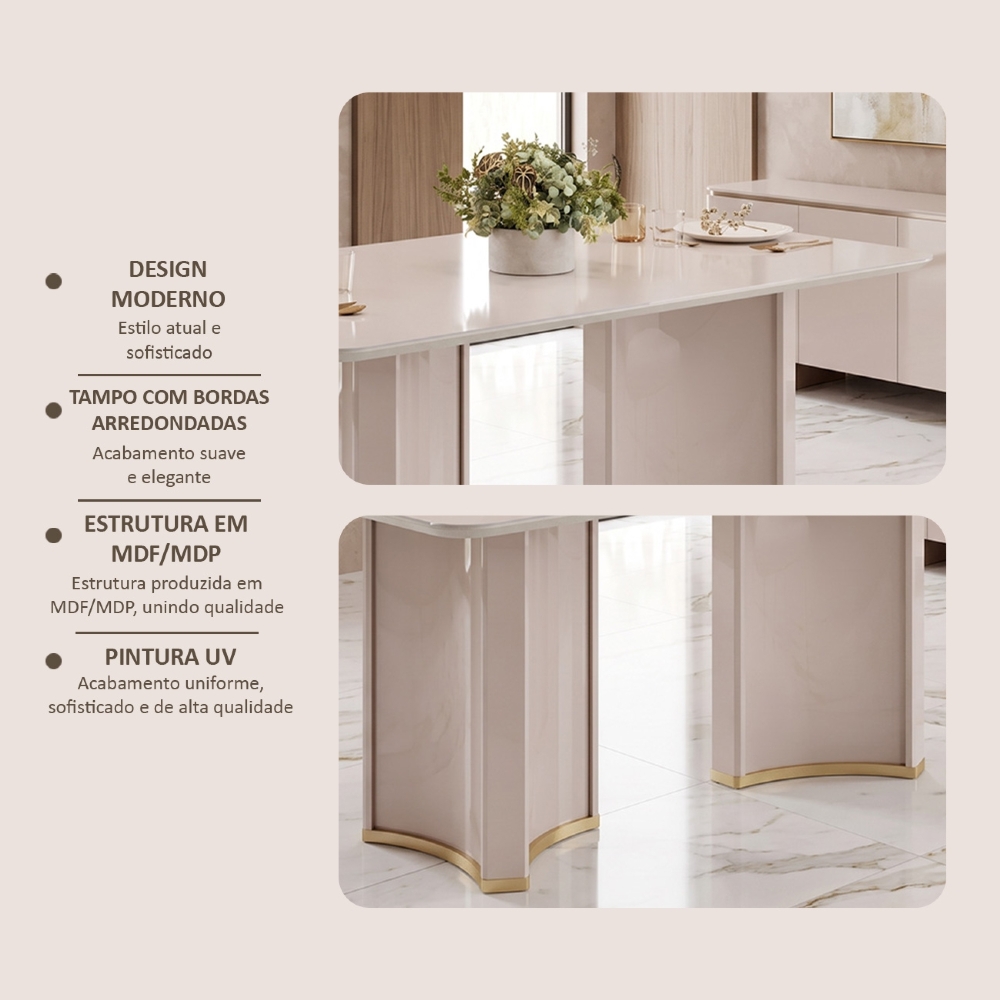 Mesa de Jantar 6 Lugares 180cm Orgânica Com Vidro Jessi Off White D04 - Mpozenato