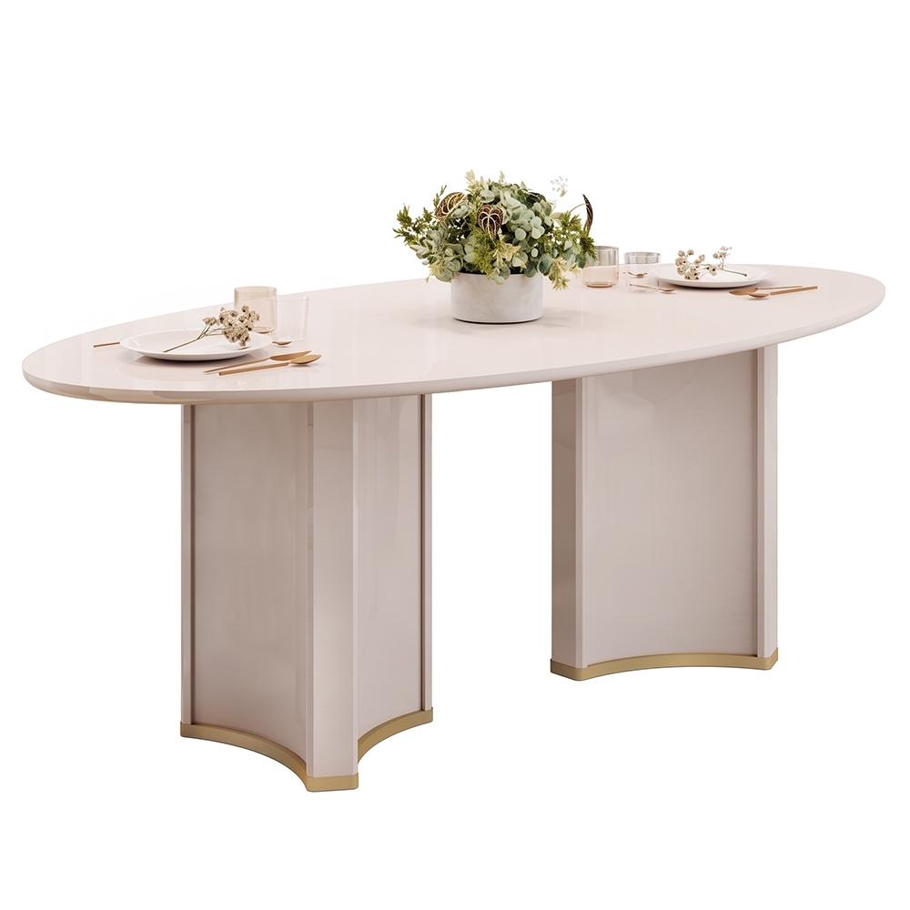 Mesa de Jantar 8 Lugares 218cm Orgânica Com Vidro Oval Jessi Off White D04 - Mpozenato