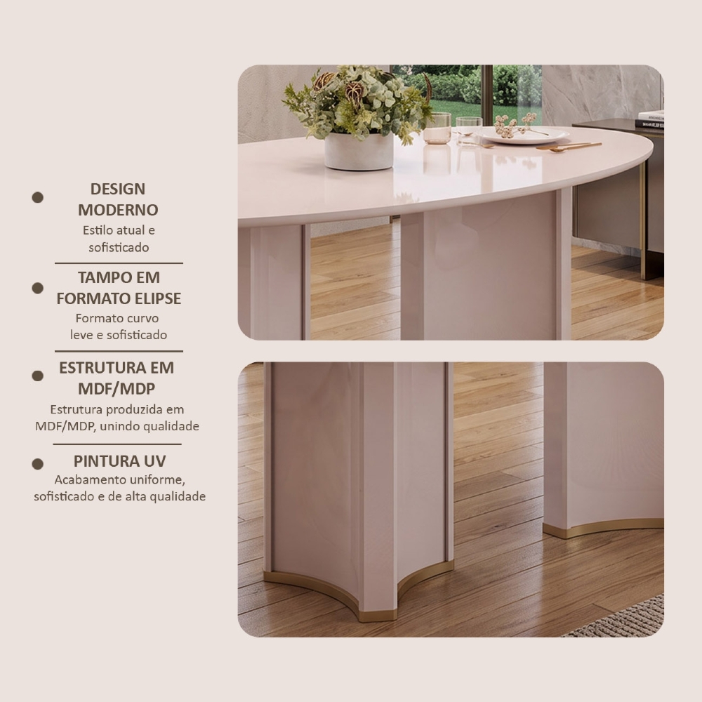 Mesa de Jantar 8 Lugares 218cm Orgânica Com Vidro Oval Jessi Off White D04 - Mpozenato