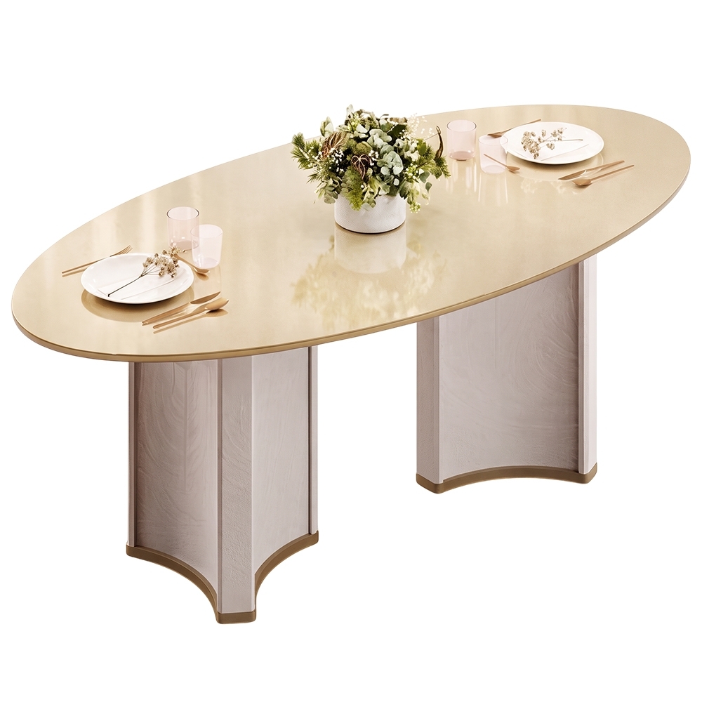 Mesa de Jantar 8 Lugares 218cm Orgânica Com Vidro Oval Jessi Off White/Dourado D04 - Mpozenato
