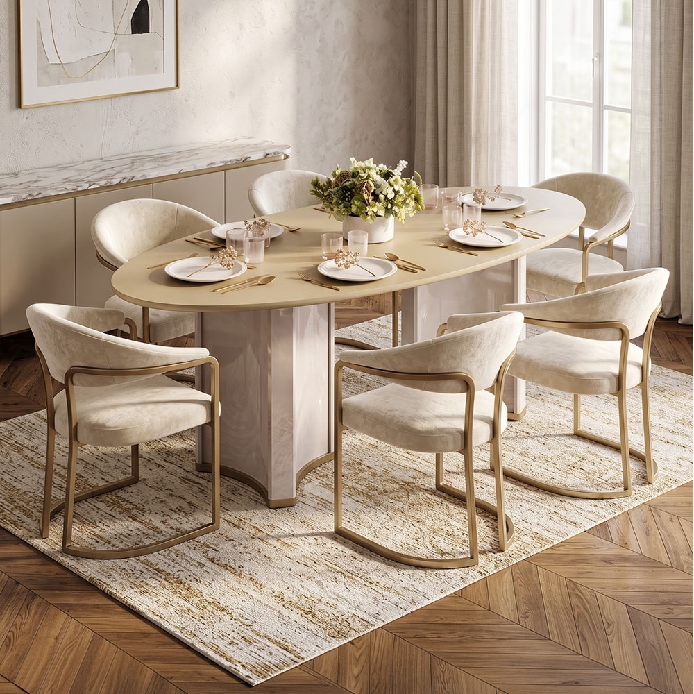 Mesa de Jantar 8 Lugares 218cm Orgânica Com Vidro Oval Jessi Off White/Dourado D04 - Mpozenato