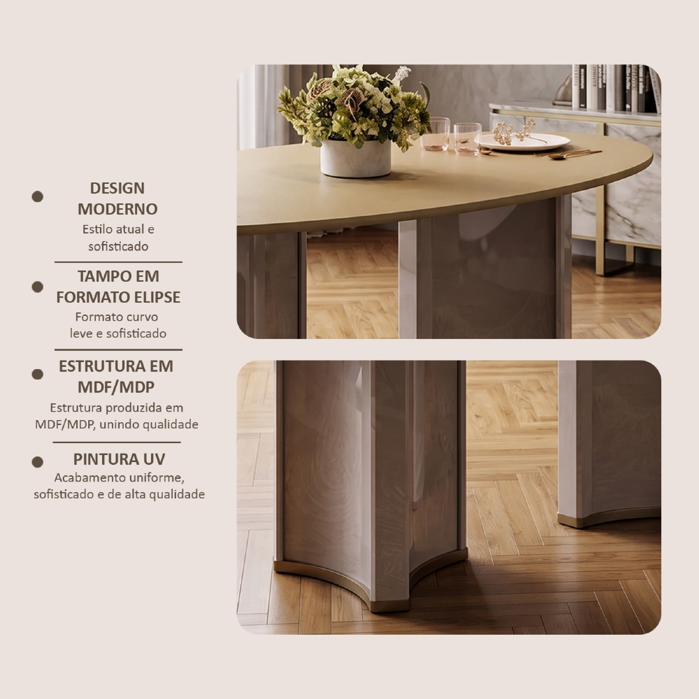 Mesa de Jantar 8 Lugares 218cm Orgânica Com Vidro Oval Jessi Off White/Dourado D04 - Mpozenato