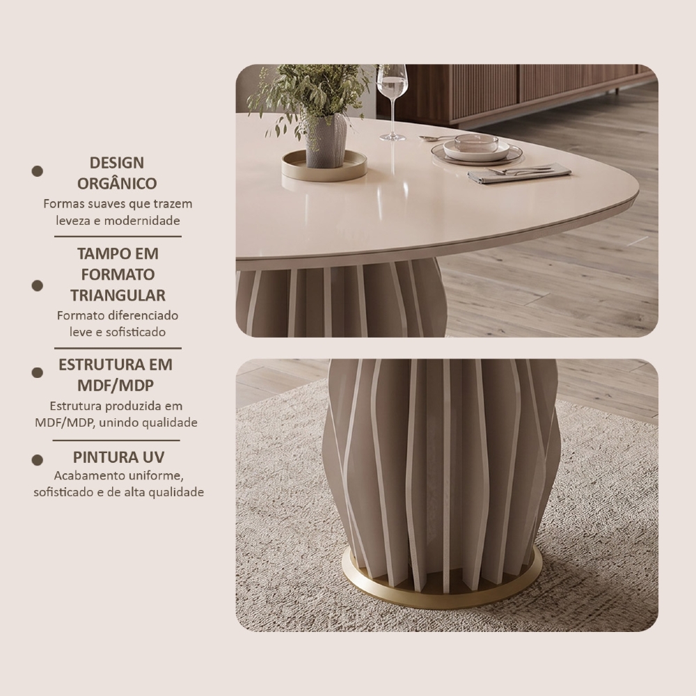 Mesa de Jantar 6 Lugares 136cm Orgânica Com Vidro Vindi Off White D04 - Mpozenato