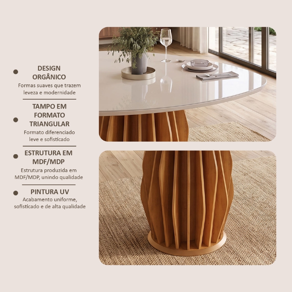 Mesa de Jantar 6 Lugares 136cm Orgânica Com Vidro Vindi Cedro/Off D04 - Mpozenato