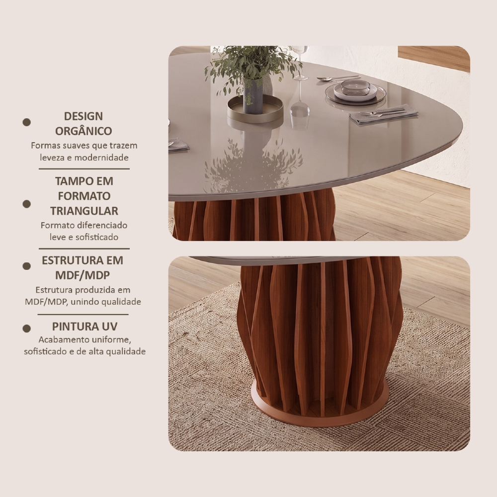 Mesa de Jantar 6 Lugares 136cm Orgânica Com Vidro Vindi Freijó/Off D04 - Mpozenato