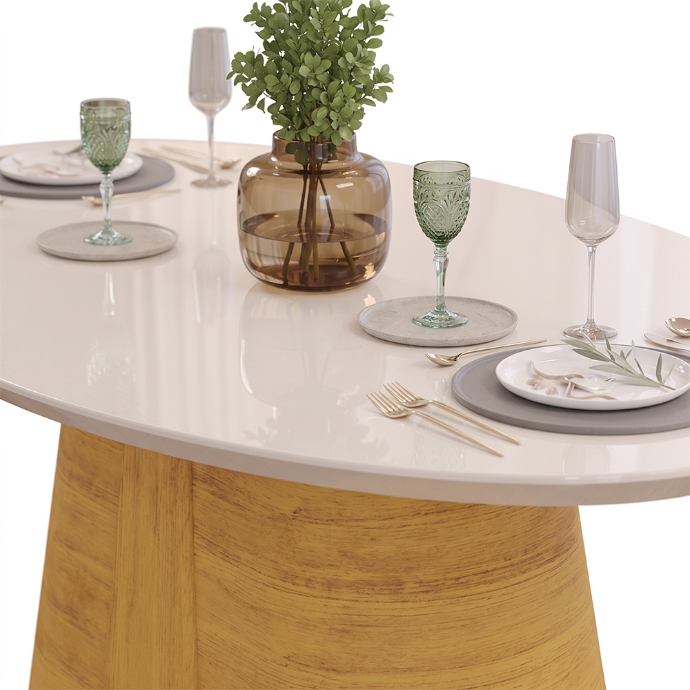 Mesa de Jantar 6 Lugares 183cm Orgânica Com Vidro Oval Holly Cedro/Off D04 - Mpozenato