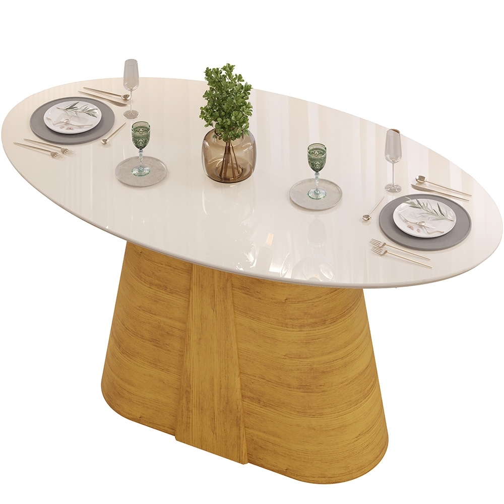 Mesa de Jantar 6 Lugares 183cm Orgânica Com Vidro Oval Holly Cedro/Off D04 - Mpozenato