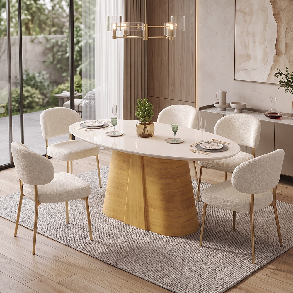 Mesa de Jantar 6 Lugares 183cm Orgânica Com Vidro Oval Holly Cedro/Off D04 - Mpozenato