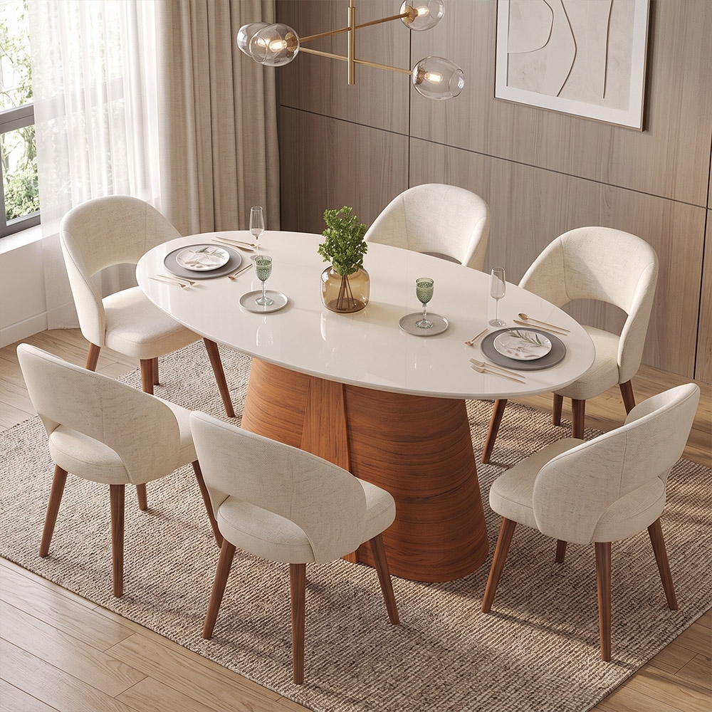 Mesa de Jantar 6 Lugares 183cm Orgânica Com Vidro Oval Holly Freijó/Off D04 - Mpozenato