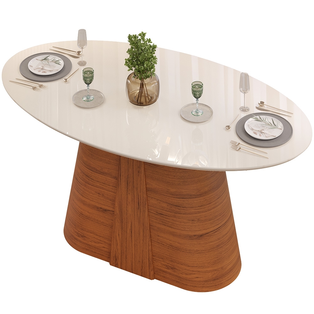 Mesa de Jantar 6 Lugares 183cm Orgânica Com Vidro Oval Holly Freijó/Off D04 - Mpozenato