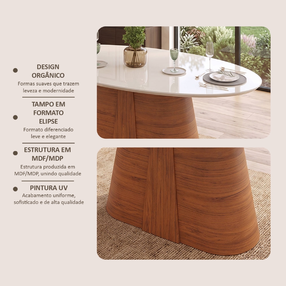 Mesa de Jantar 6 Lugares 183cm Orgânica Com Vidro Oval Holly Freijó/Off D04 - Mpozenato