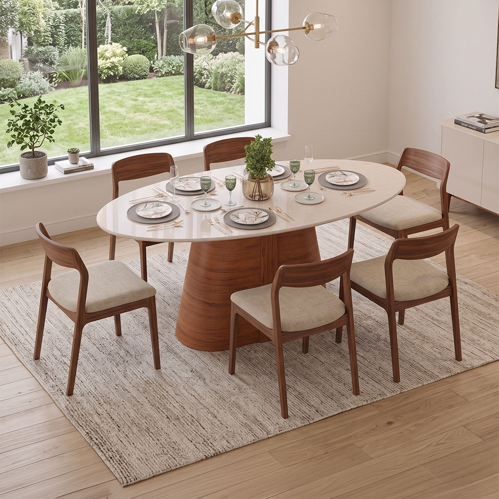 Mesa de Jantar 8 Lugares 218cm Orgânica Com Vidro Oval Holly Freijó/Off D04 - Mpozenato