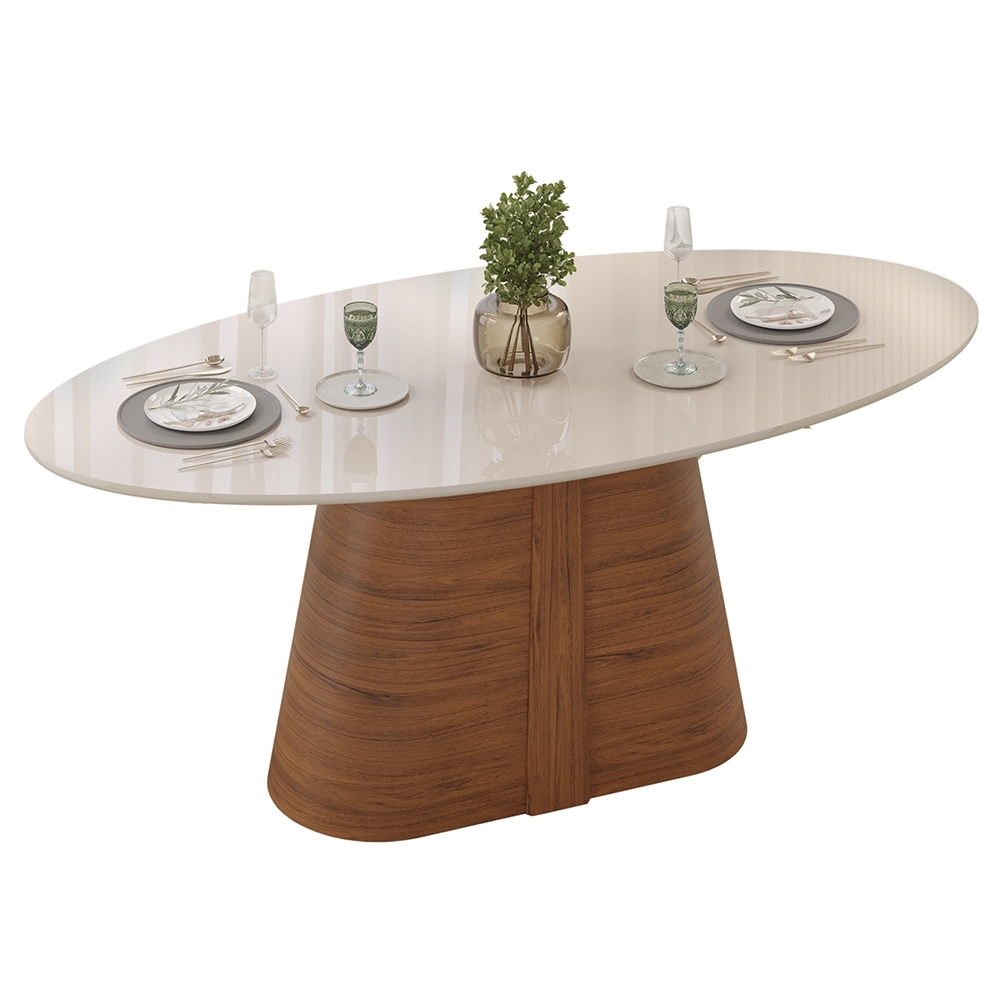 Mesa de Jantar 8 Lugares 218cm Orgânica Com Vidro Oval Holly Freijó/Off D04 - Mpozenato