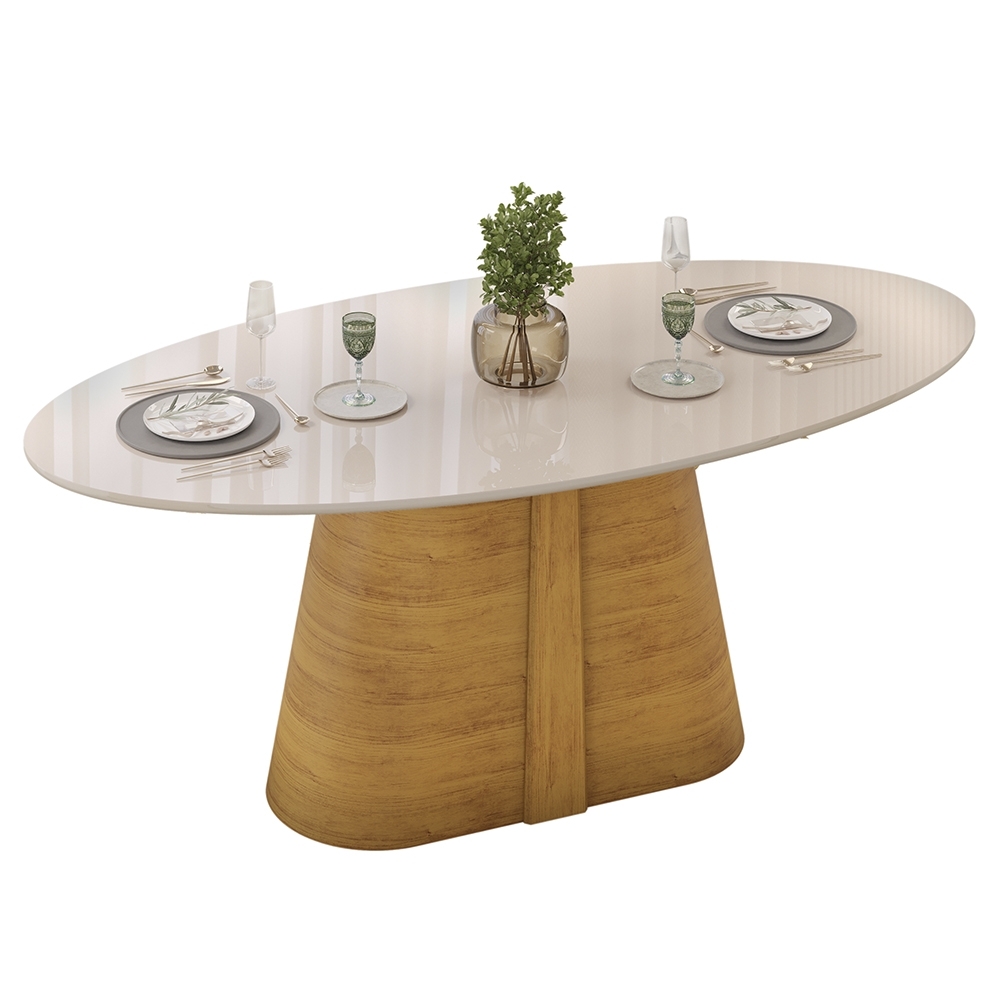 Mesa de Jantar 8 Lugares 218cm Orgânica Com Vidro Oval Holly Cedro/Off D04 - Mpozenato