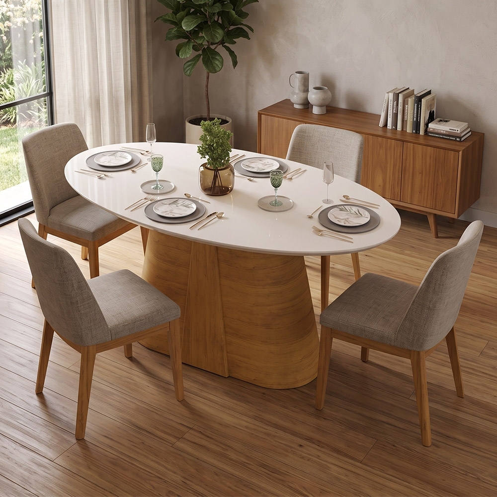 Mesa de Jantar 8 Lugares 218cm Orgânica Com Vidro Oval Holly Cedro/Off D04 - Mpozenato