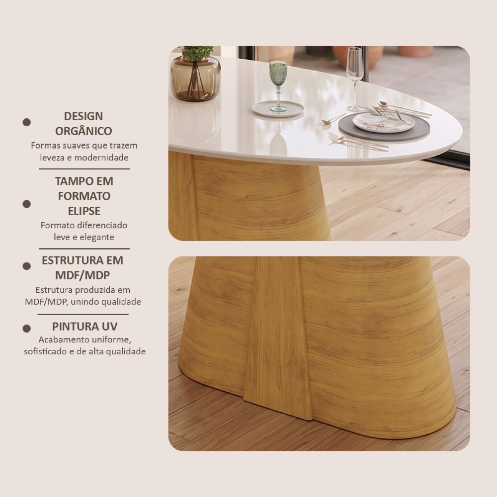 Mesa de Jantar 8 Lugares 218cm Orgânica Com Vidro Oval Holly Cedro/Off D04 - Mpozenato