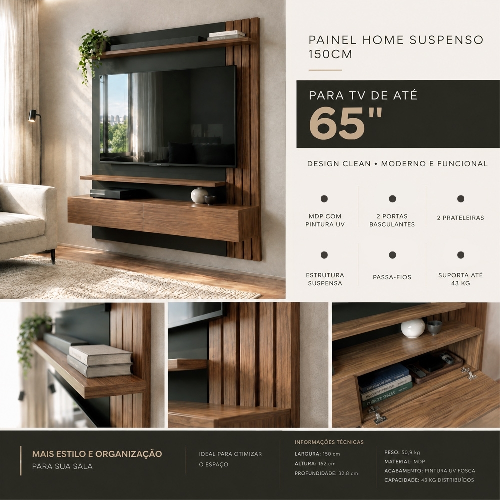 Painel Home Suspenso para TV 65 Pol. 150cm Buriti C05 Noce Milano/Preto Fosco - Mpozenato
