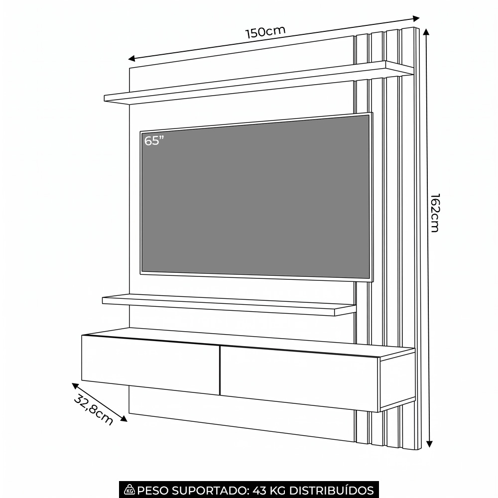 Painel Home Suspenso para TV 65 Pol. 150cm Buriti C05 Noce Milano/Preto Fosco - Mpozenato