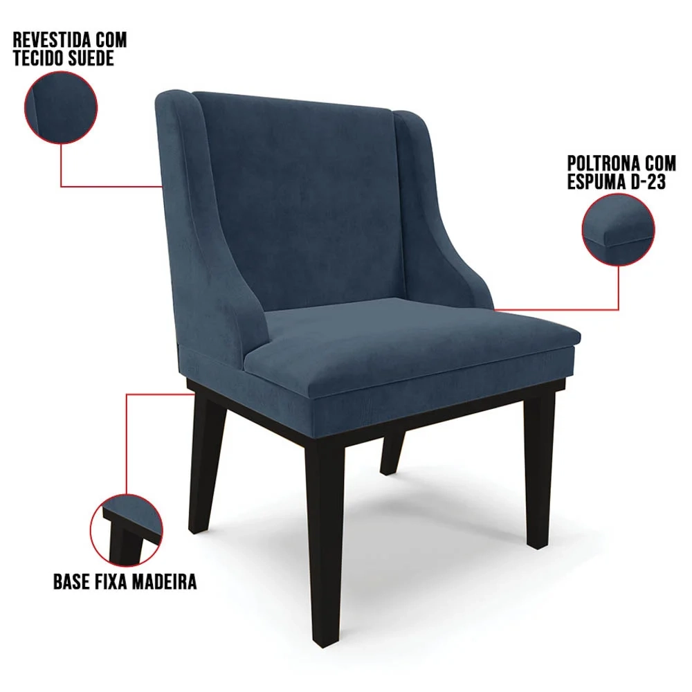 Kit 4 Cadeiras Estofadas para Sala de Jantar Base Fixa de Madeira Preto Lia Suede Azul Marinho - Ibiza