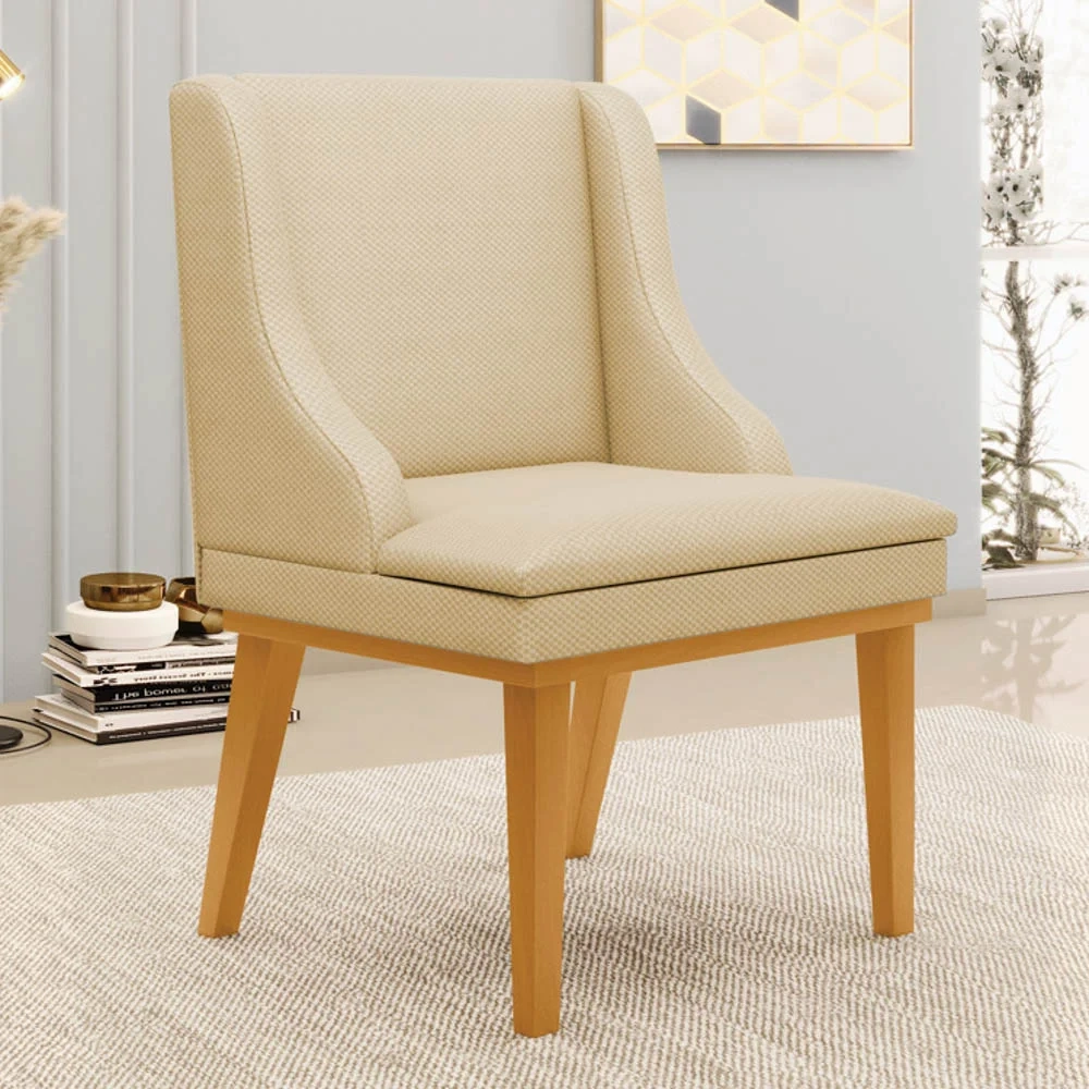 Kit 6 Cadeiras Estofadas para Sala de Jantar Base Fixa de Madeira Castanho Lia Veludo Off White - Ibiza