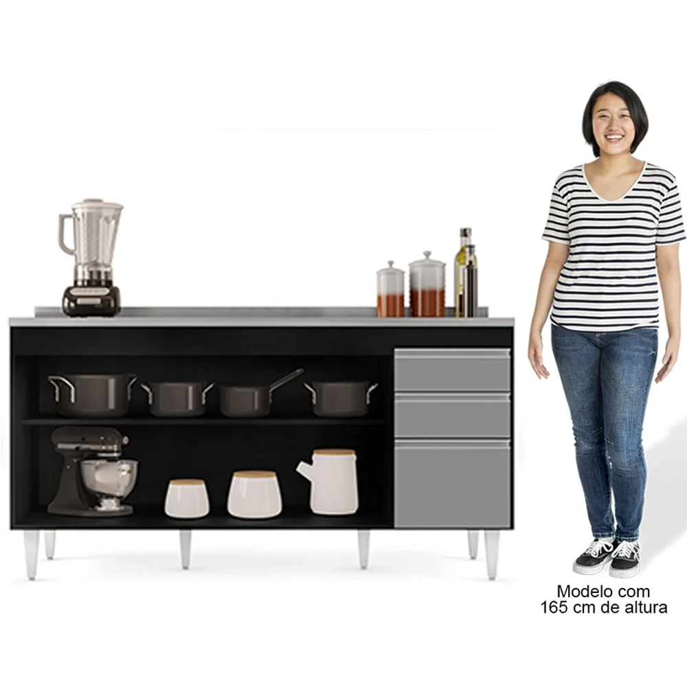 Balcão Gabinete com Pia Inox 160cm Arkansas Preto/Cinza – Lumil