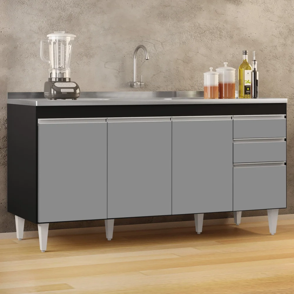 Balcão Gabinete com Pia Inox 160cm Arkansas Preto/Cinza – Lumil