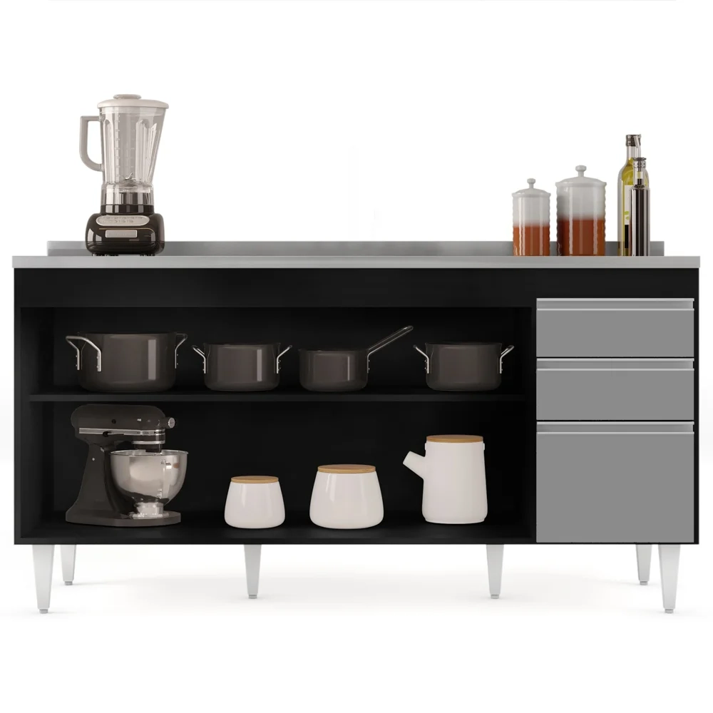 Balcão Gabinete com Pia Inox 160cm Arkansas Preto/Cinza – Lumil