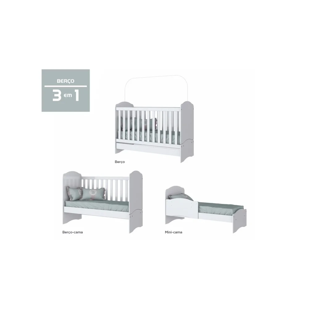 Berço Multifuncional 3 em 1 Minicama Certificado pelo Inmetro Bala de Menta Branco - Henn