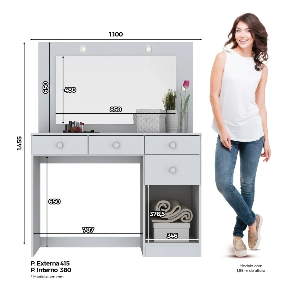 Penteadeira Camarim com Espelho e LED Claires Branco - Henn